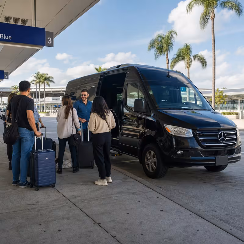 Group boarding a white charter bus for Airport Transportation transportation in Fort Lauderdale