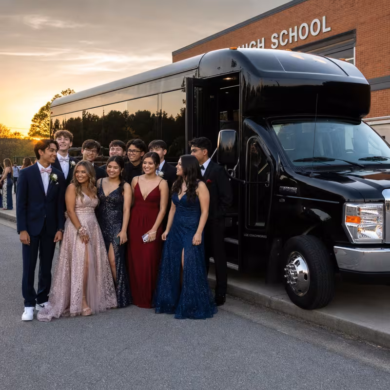 Group boarding a white charter bus for Prom & Homecoming Transportation transportation in Fort Lauderdale