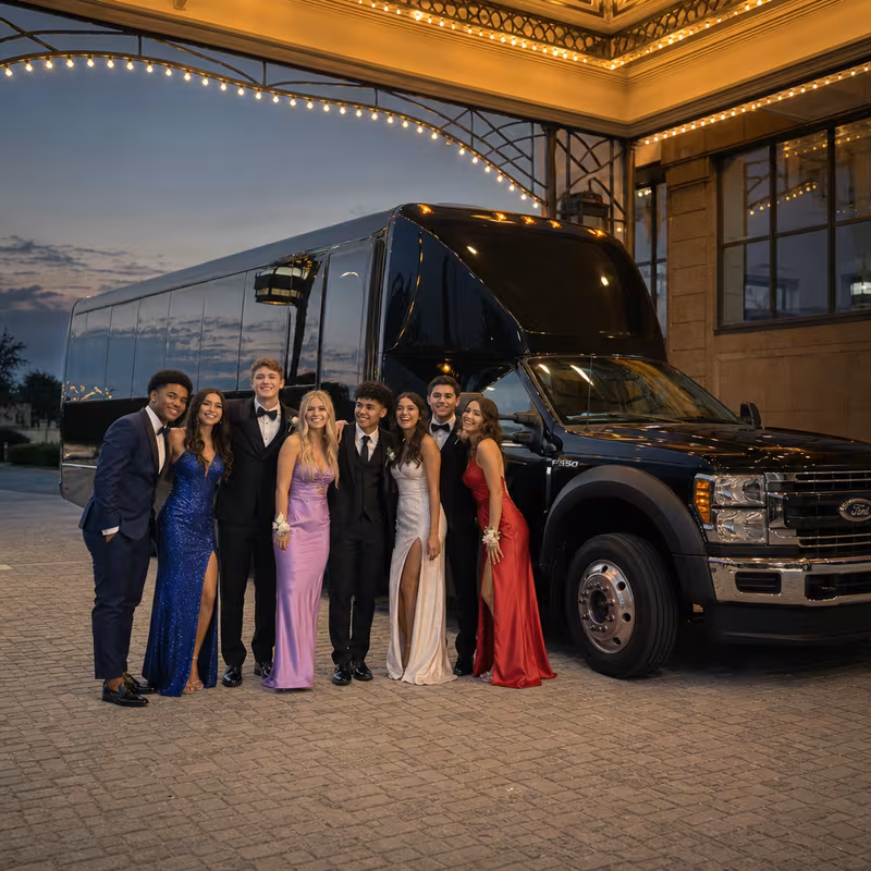Party bus interior with wraparound leather seating and LED lighting in Fort Lauderdale