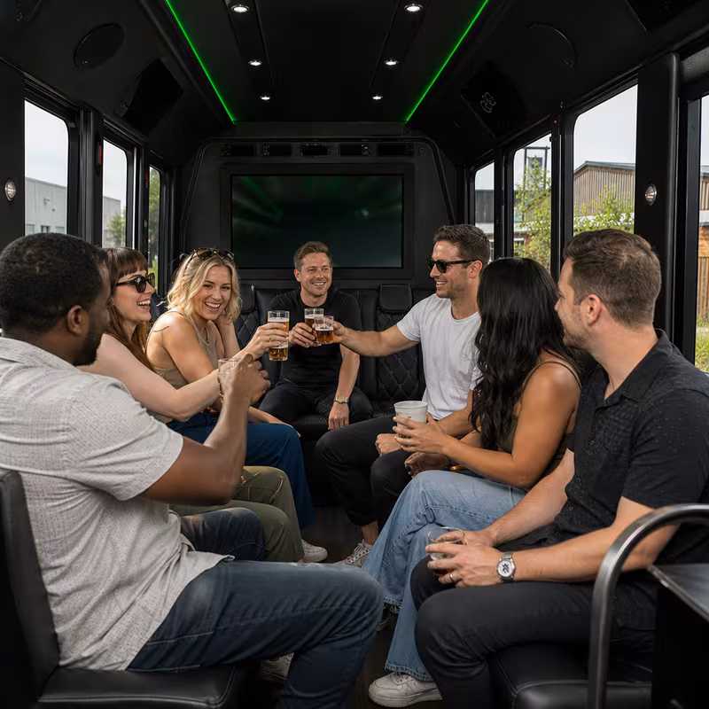 Group boarding a white charter bus for Winery & Brewery Tour Transportation transportation in Fort Lauderdale